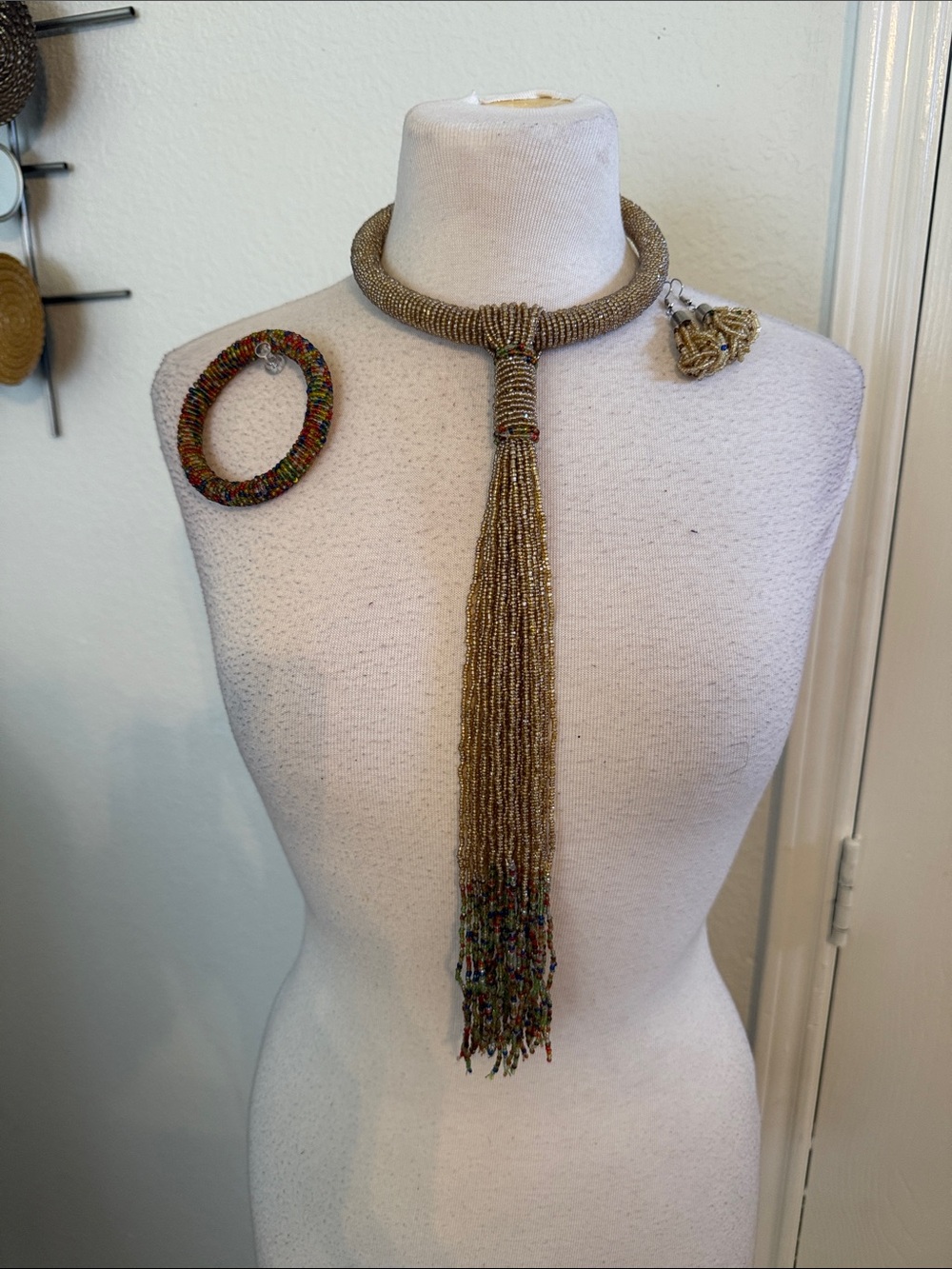 Gold Beaded Tassel Necklace with Multicolor Fringe Accent. NWOT